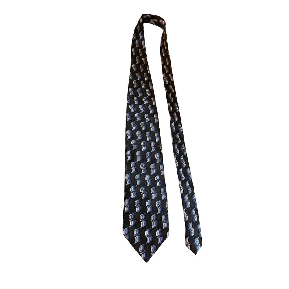 Kilburne Finch Mens Silk Necktie Black Blue Wave Pattern Luxury Work Dad Gift